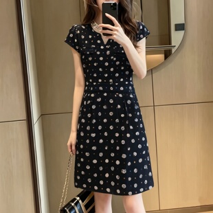 深蓝色波点复古气质包臀V领中长款短袖连衣裙子显瘦修身女士夏装