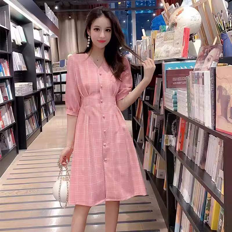 雪纺中长款女夏装绑带收腰甜美粉色格子短袖连衣裙子复古单排扣
