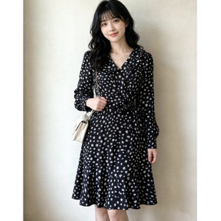 黑色印碎花A字V领打底雪纺长袖中长款连衣裙子绑带收腰女夏春秋装