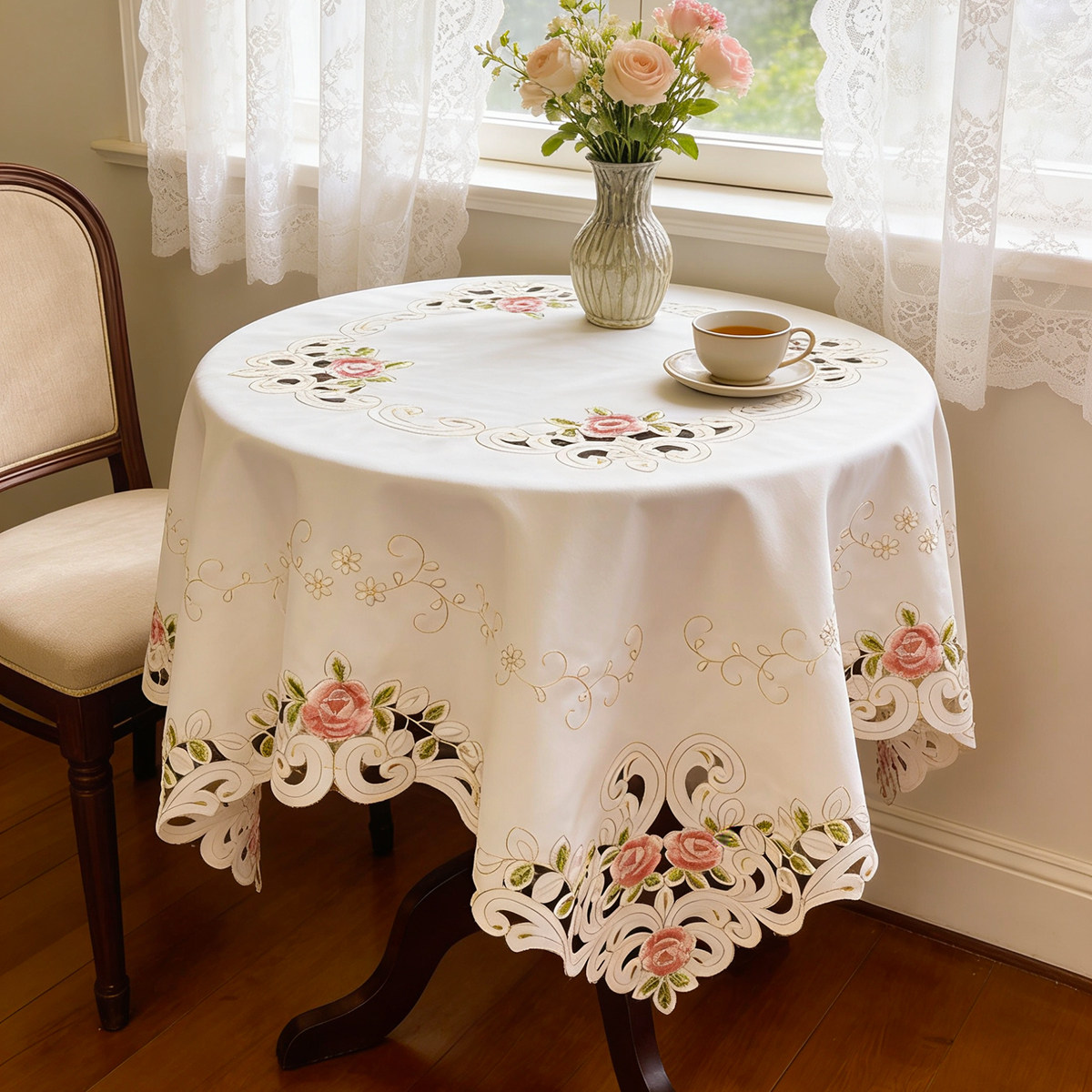 田园法式重工镂空绣花奶白桌布台布餐桌圆桌方桌边柜家电防尘盖巾