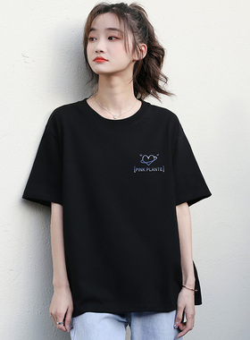 黑色T恤女纯棉半袖宽松韩版印花2025年新款夏季简约百搭短袖上衣