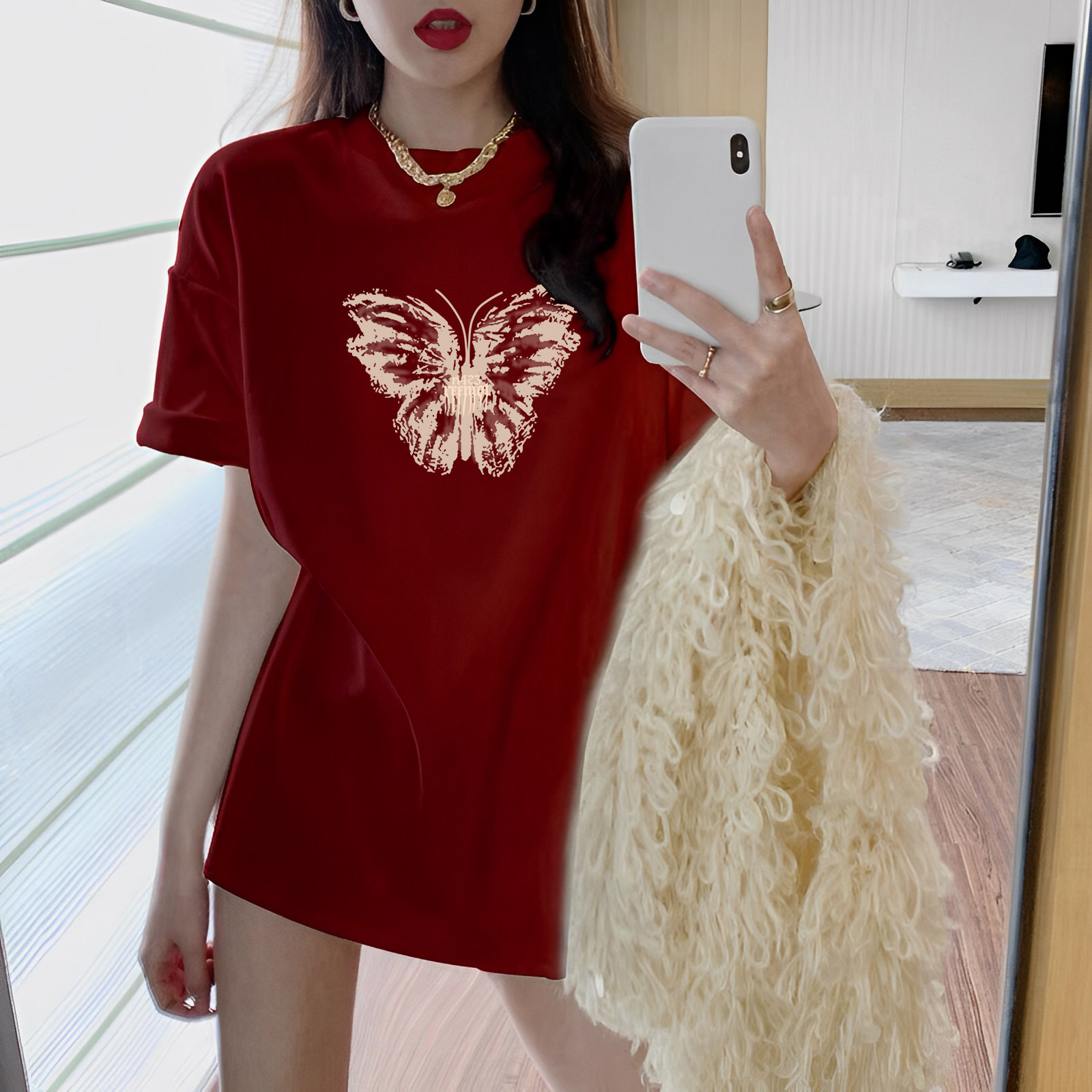 酒红色中长款欧货大版短袖t恤女夏季新款大码宽松纯棉半袖上衣潮