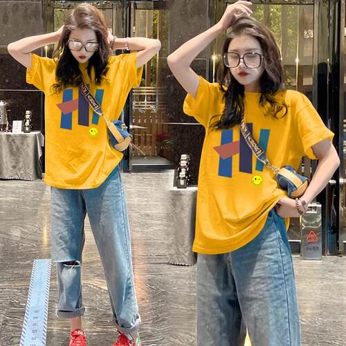 姜黄色纯棉宽松正肩短袖T恤女2025夏季新款欧货大版设计感上衣ins