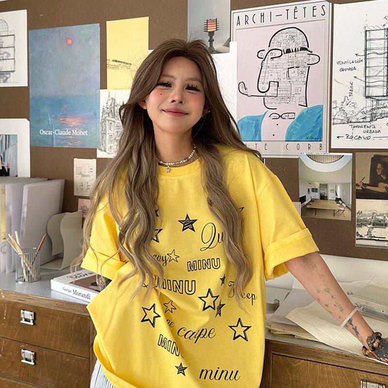 黄色纯棉设计感短袖T恤女2025夏季港风chic潮流半袖内搭打底上衣
