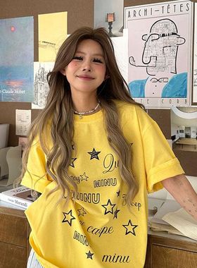 黄色纯棉设计感短袖T恤女2025夏季港风chic潮流半袖内搭打底上衣