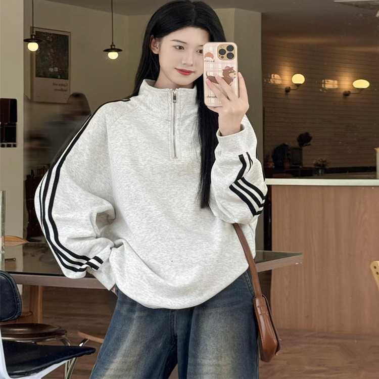 美式复古条纹立领半拉链运动卫衣女秋季新款重磅宽松加绒情侣上衣