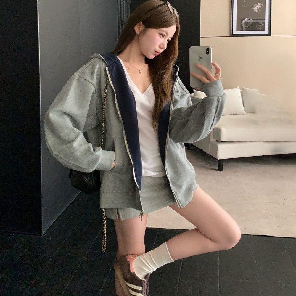 撞色连帽卫衣女春秋新款oversize高级感休闲慵懒风情侣开衫外套潮