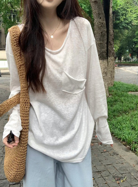 竹节棉长袖t恤女装早秋休闲风chic韩系上衣ins潮白色百搭V领罩衫