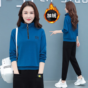 运动服套装女士秋冬季加绒加厚2022新款休闲洋气卫衣两件套妈妈装