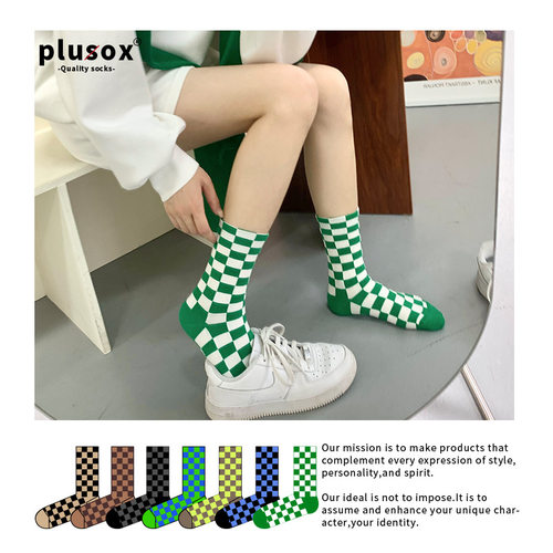 plusox 棋盘方格袜子女ins潮春秋中筒袜潮流街头滑板潮牌秋冬长袜