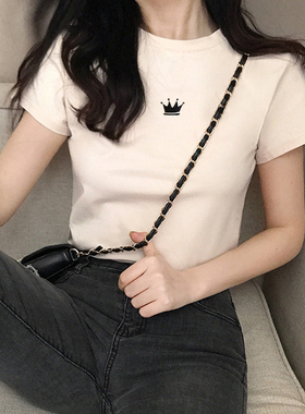 韩版2026夏新修身白色皇冠体恤女上衣潮网红款ins潮纯棉短袖t恤女