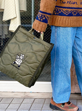 日本卡通刺绣园田小女孩手提袋时尚大容量可爱百搭夹棉单肩斜挎包