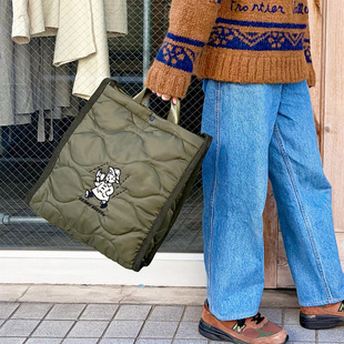 日本卡通刺绣园田小女孩手提袋时尚大容量可爱百搭夹棉单肩斜挎包