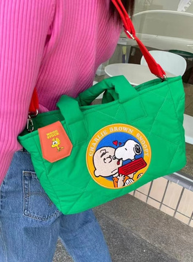 日韩秋冬新款史奴比太空棉刺绣手提袋卡通可爱大容量单肩斜挎包潮