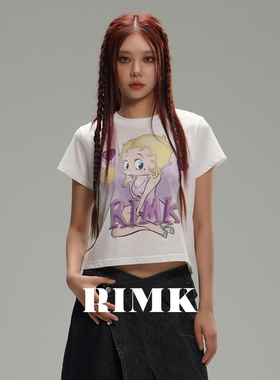RIMK狂野小姐个性设计感爱心印花短款T恤24FW005