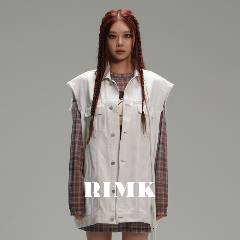 RIMK复古风毛边牛仔飘带马甲