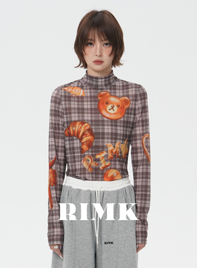 RIMK面包脑袋鬼马印花格纹高领打底衫少女感内搭上衣25SS002