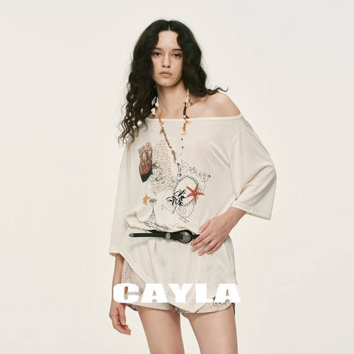 地中海印花斜肩不规则宽松短袖T