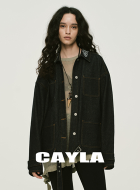 CAYLA美式复古亮片刺绣花卉牛仔翻领单排扣宽松百搭新款外套011