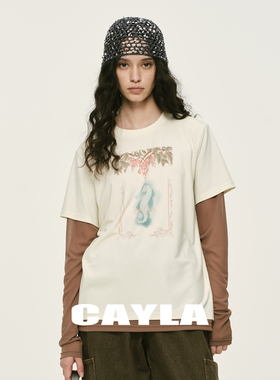 CAYLA春季复古花卉印花气质百搭圆领假两件撞色长袖T恤26SS034