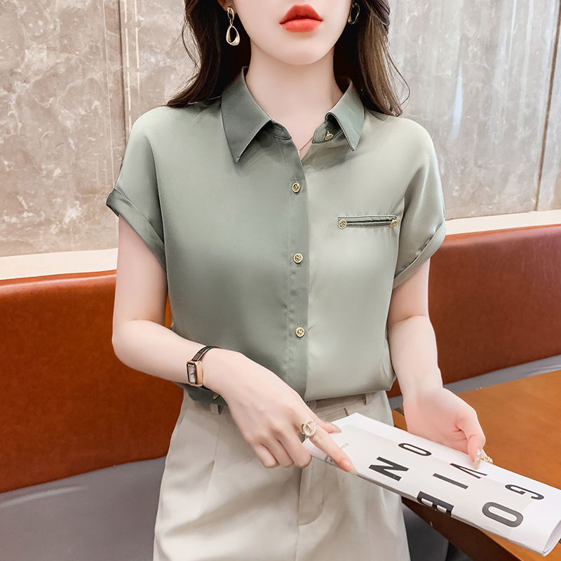职业衬衫女夏季短袖气质上班工作服法式撞色拼接连肩袖雪纺衫上衣