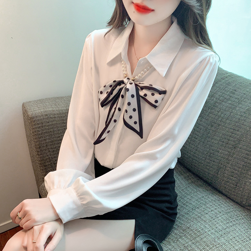小香风波点蝴蝶结系带衬衫女职业气质上班工作服泡泡袖雪纺衫上衣