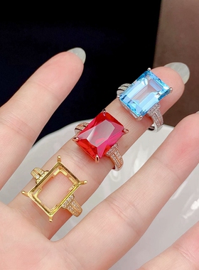 新S925纯银长方形 枕型戒指银空托 大尺寸10*14mm时尚 抖音网红款