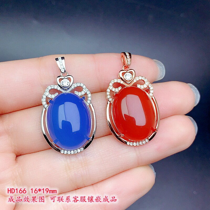 S925银新款大尺寸吊坠空托16*19mm可镶嵌蜜蜡绿松翡翠玉髓等