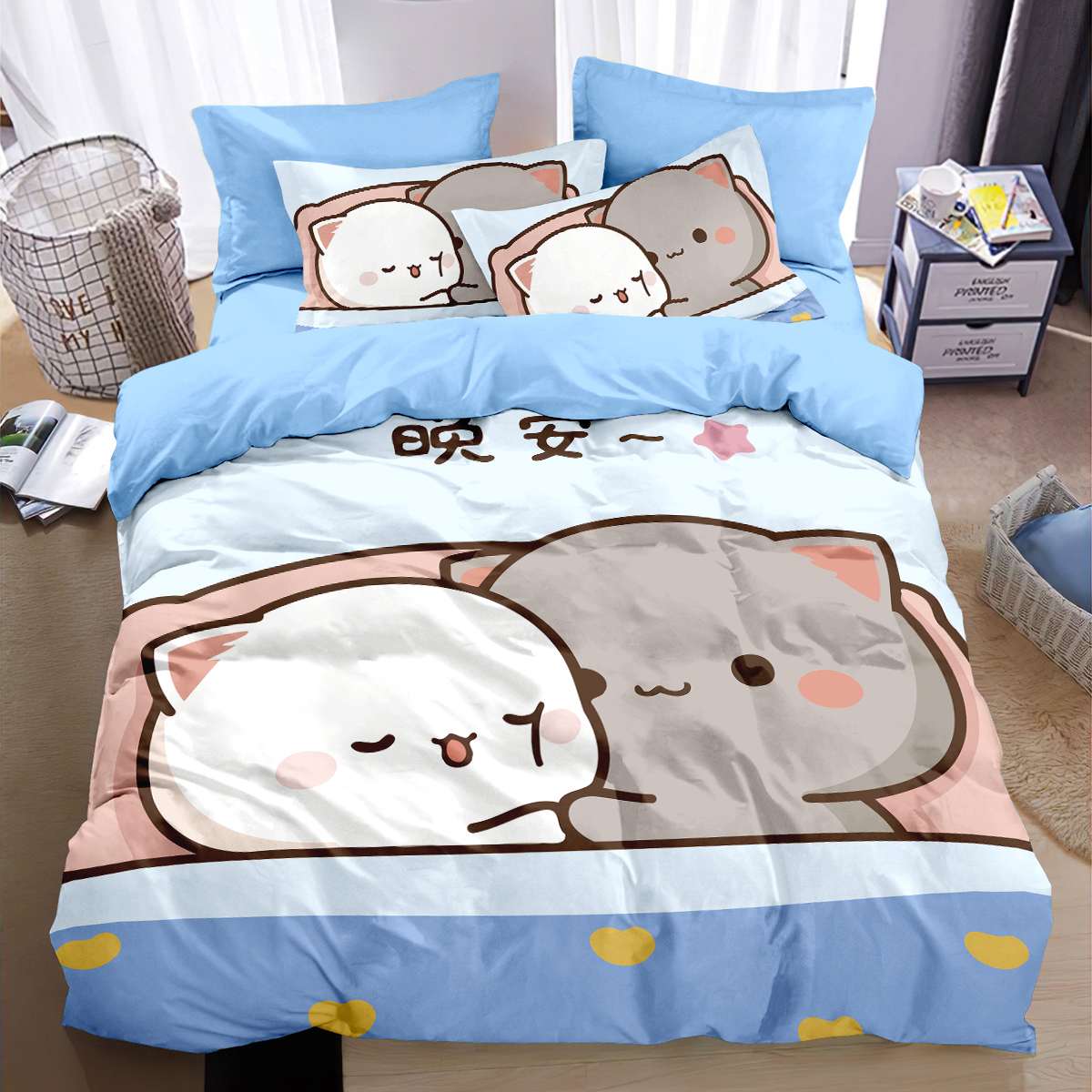 蜜桃猫纯棉四件套卡通可爱被套学生宿舍家居床品床单床笠式三件套
