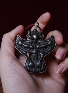 西藏老天铁托甲包银金翅大鹏鸟吊坠文玩纯手工随身护身符挂件配饰
