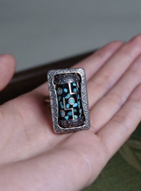 文创s925银手作九眼戒指松石镶嵌可转动活口全品文玩DIY随身配饰