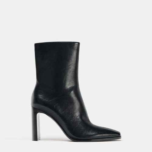 ZABA TANA 2026秋冬法式方头黑色高跟靴子侧拉链骑士靴粗跟短靴女