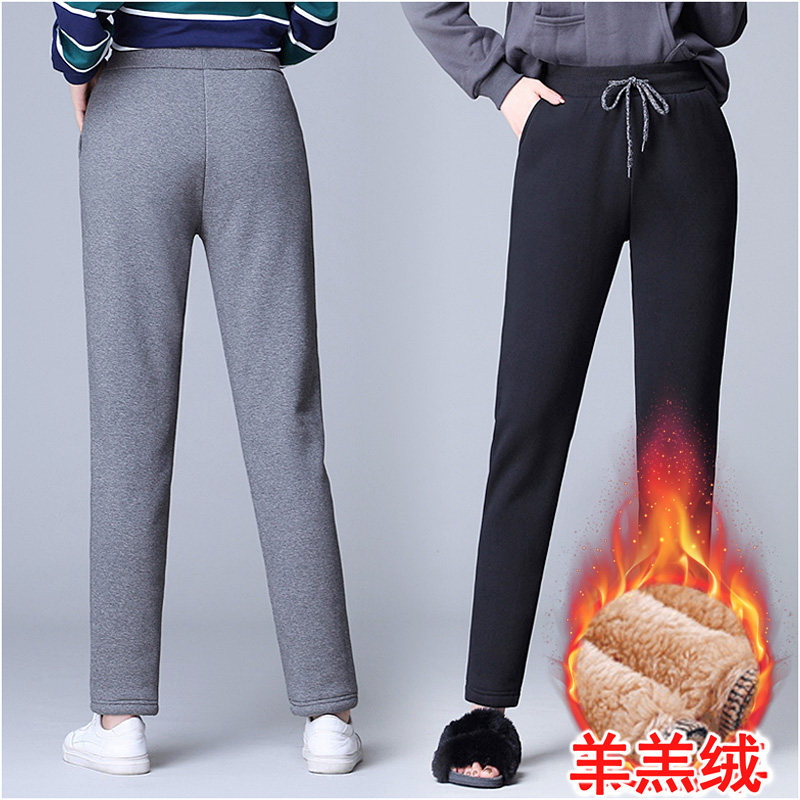 运动裤女春秋加绒加厚宽松休闲卫裤加肥大码外穿妈妈羊羔绒棉裤子