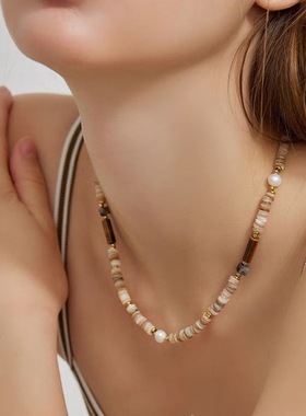 咖甜贝壳虎眼石锁骨链