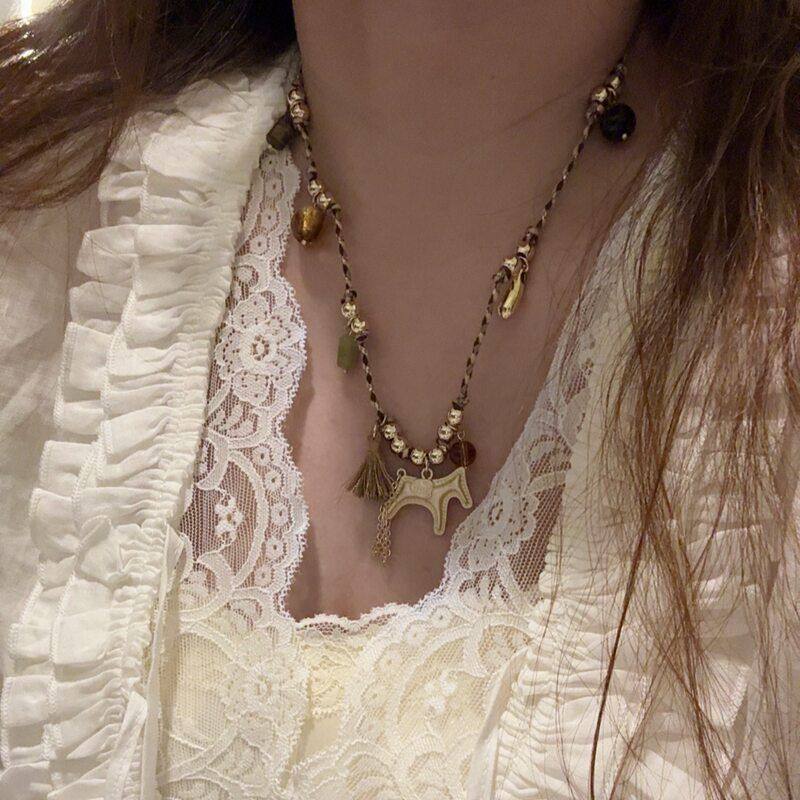 川野小马 复古小众vintage项链捷克珠天然石编绳毛衣链