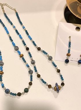 因缺斯汀【青黛】蓝撞色青金碎石串珠项链女独特小众设计锁骨链耳