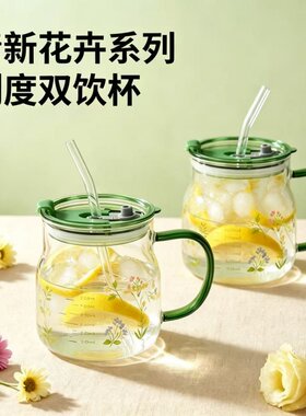 带刻度高硼硅玻璃杯耐高温带盖吸管杯小清新花朵刻度水杯手工制作