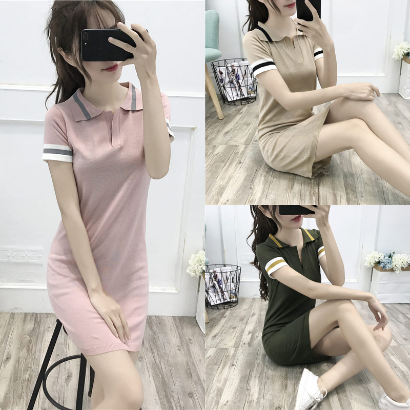 POLO领连衣裙女春装新款2019韩版修身显瘦中长款针织包臀裙上衣服