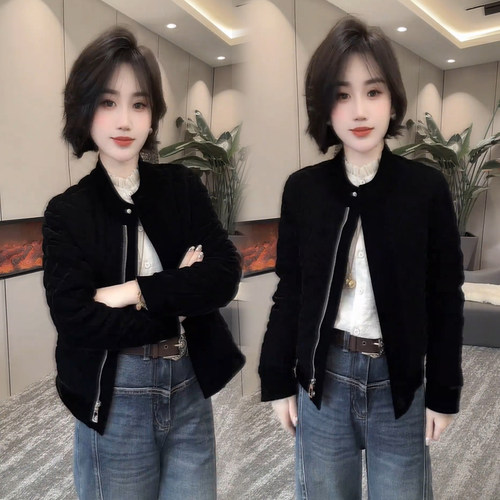 网红新款黑色立领金丝绒短外套