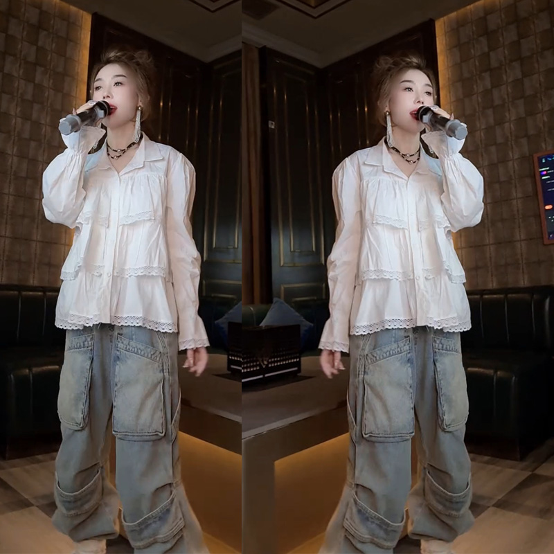2025年春季网红新款时尚洋气减龄纯色拼接蕾丝边娃娃衫显瘦衬衫女