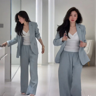 老钱风休闲亚麻西装套装女2026新款薄款棉麻西服外套阔腿裤两件套