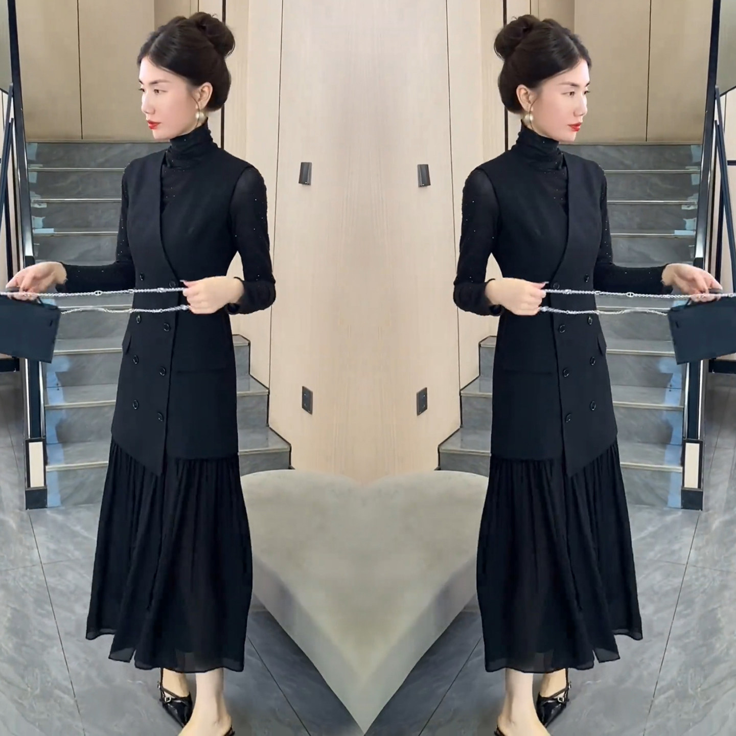 2025秋季新款时尚气质百搭显瘦马甲拼接外套女高级感复古黑色长衫