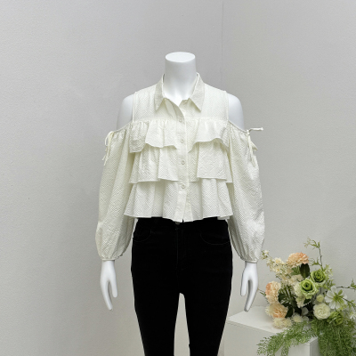 POLO领露肩长袖衬衫女2025秋季新款设计感荷叶边短款娃娃甜美上衣