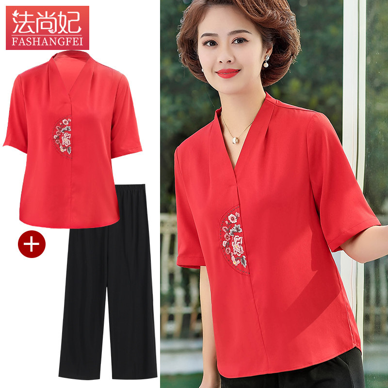 婚礼妈妈夏装中年短袖t恤上衣本命年红色中老年女装洋气两件套装