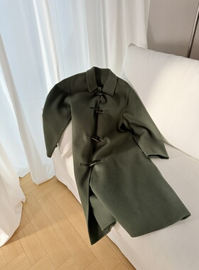 圣诞绿牛角扣手工双面呢大衣女中长款宽松韩版