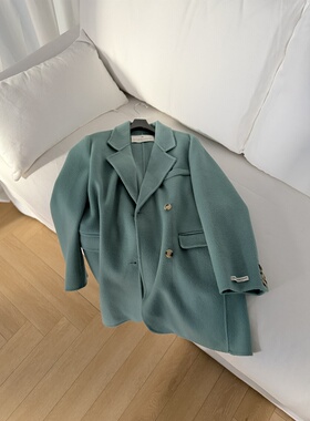 韩国高级感松石绿西装领手工双面呢大衣外套女中长款