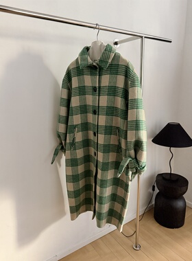 韩国高级感格子袖口蝴蝶结手工双面呢大衣外套女中长款