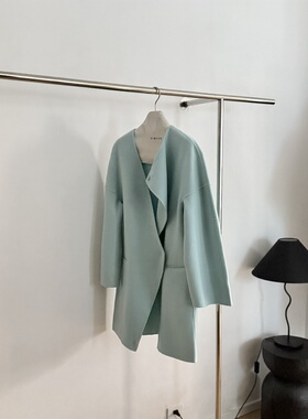 不规则领宽松双面呢大衣女中长款