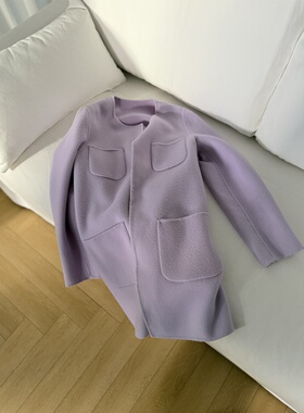 多巴胺香芋紫四个口袋圆领无扣手工双面呢大衣女中长款