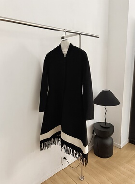 法式优雅流苏下摆收腰大衣女中长款